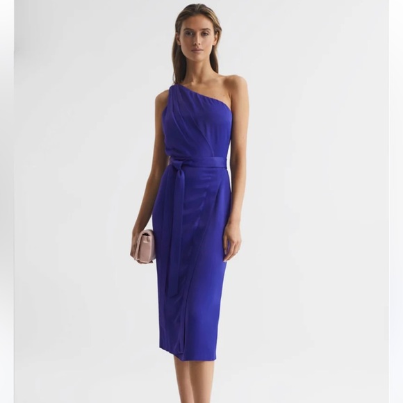 Reiss Flora Off-The-Shoulder Satin Midi Dress in Purple - Picture 1 of 12